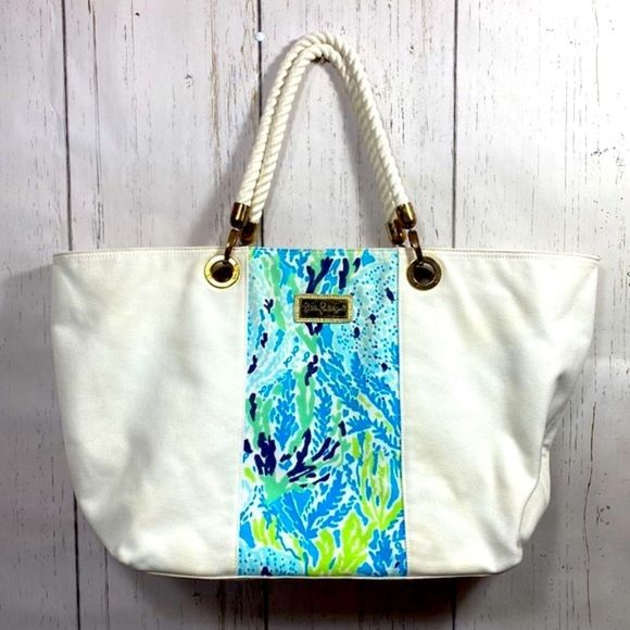 Lilly Pulitzer White Spa Blue Canvas Island Tote Beach Bag - Picture 1 of 16